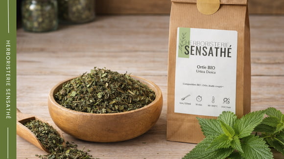 Ortie séchée en vrac en tisane  pour la phytothérapie et la conservation des feuilles - Herboristerie Sensathé